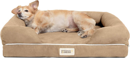 Cozy Orthopedic Small Dog Bed with Memory Foam, Calming Couch Design, Washable Cover & Non-Slip Bottom - Chester in Khaki Beige